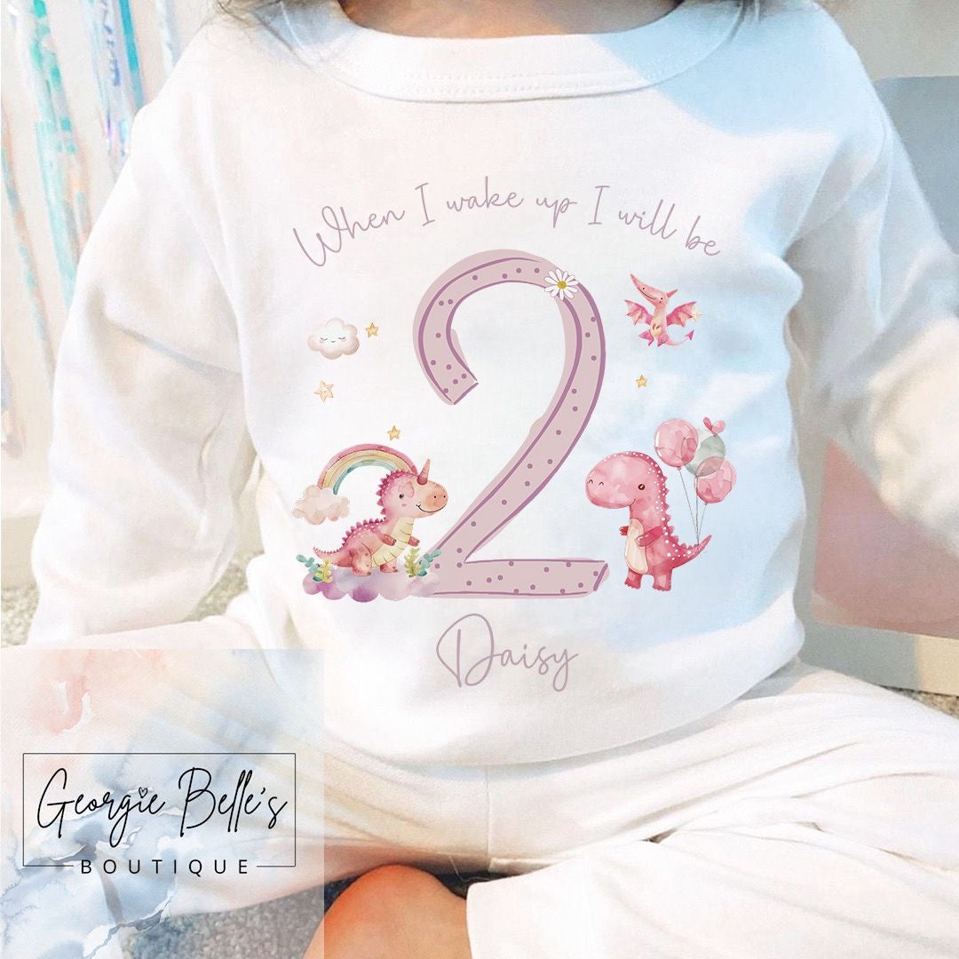 Personalised Birthday Pyjamas - When I wake up Pink Dinosaur Design