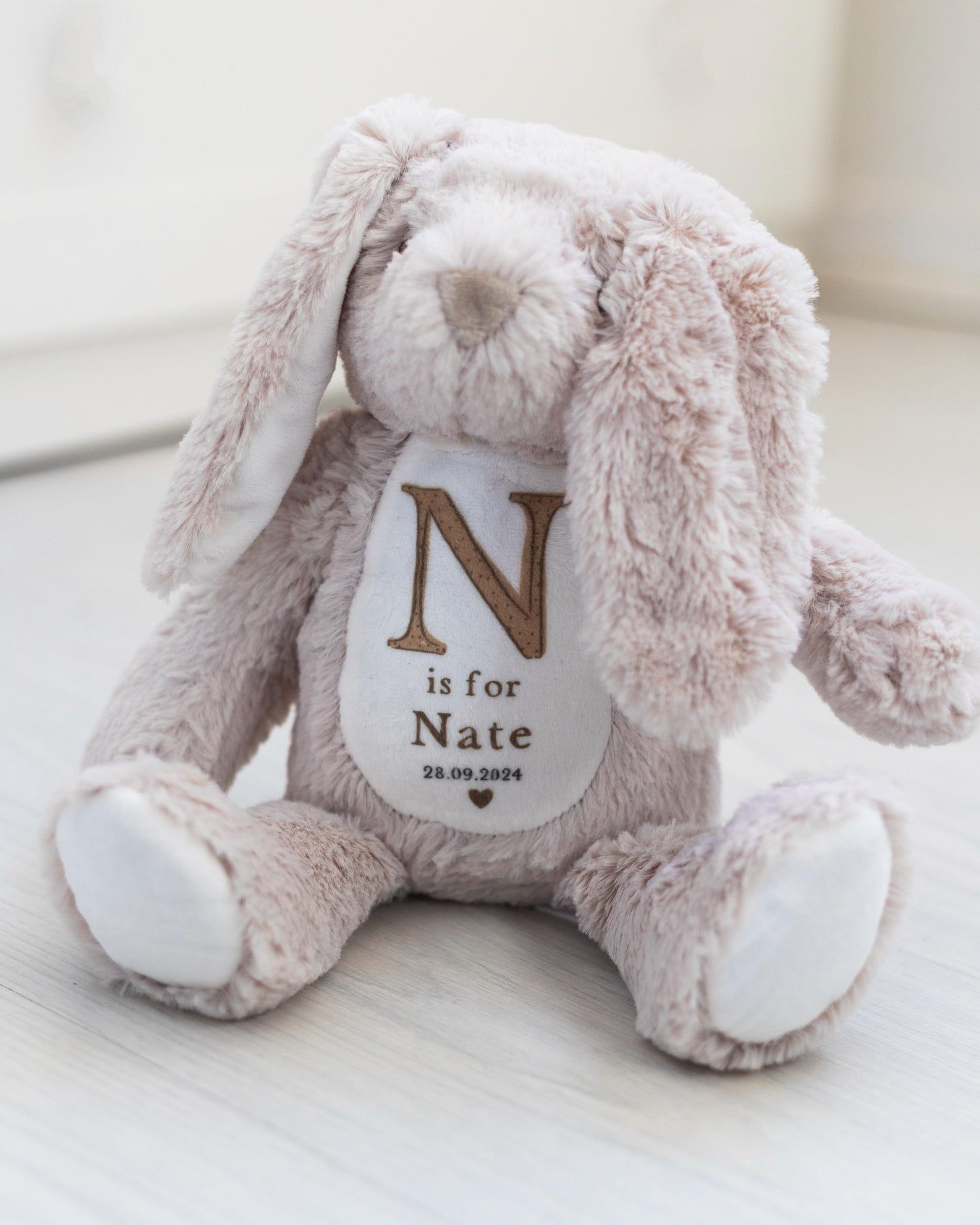 Personalised Baby Boy Bunny Soft Toy | Personalised Baby Gift - Beige Initial Design