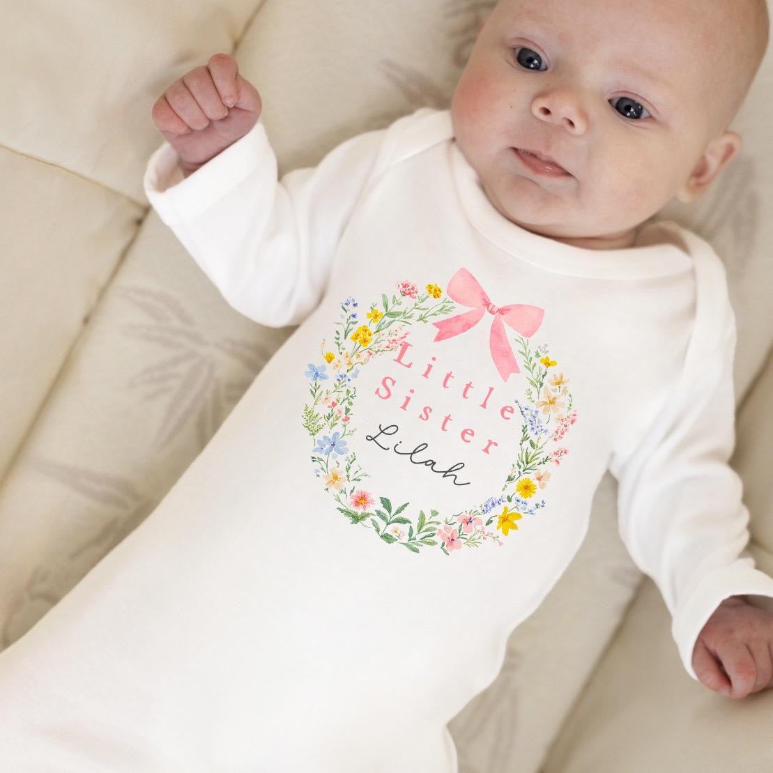 Personalised Little Sister Baby Grow | Little Sister Announcement Vest - Wildflower Wreath Design