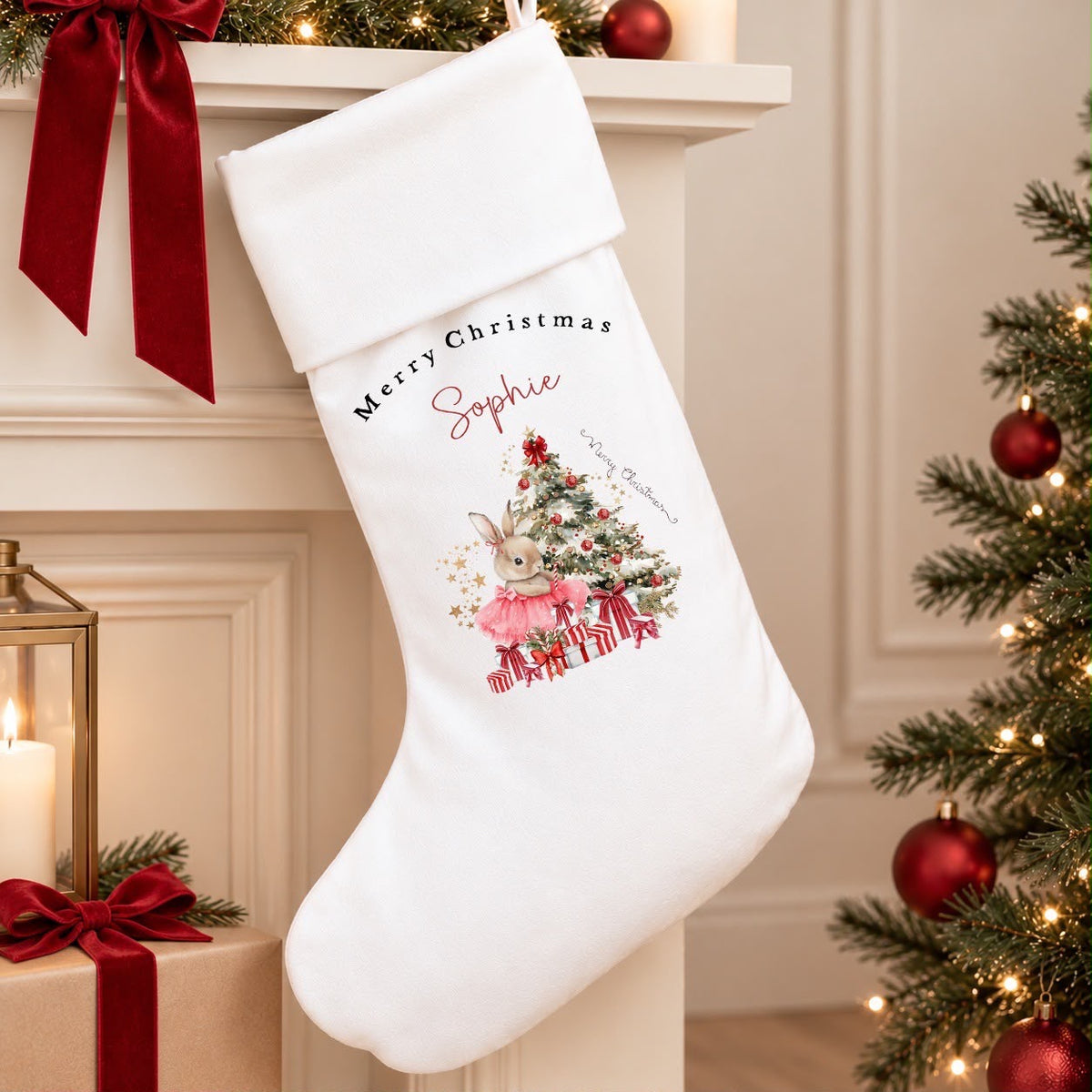 Personalised White Christmas Stocking | Red Bunny Design