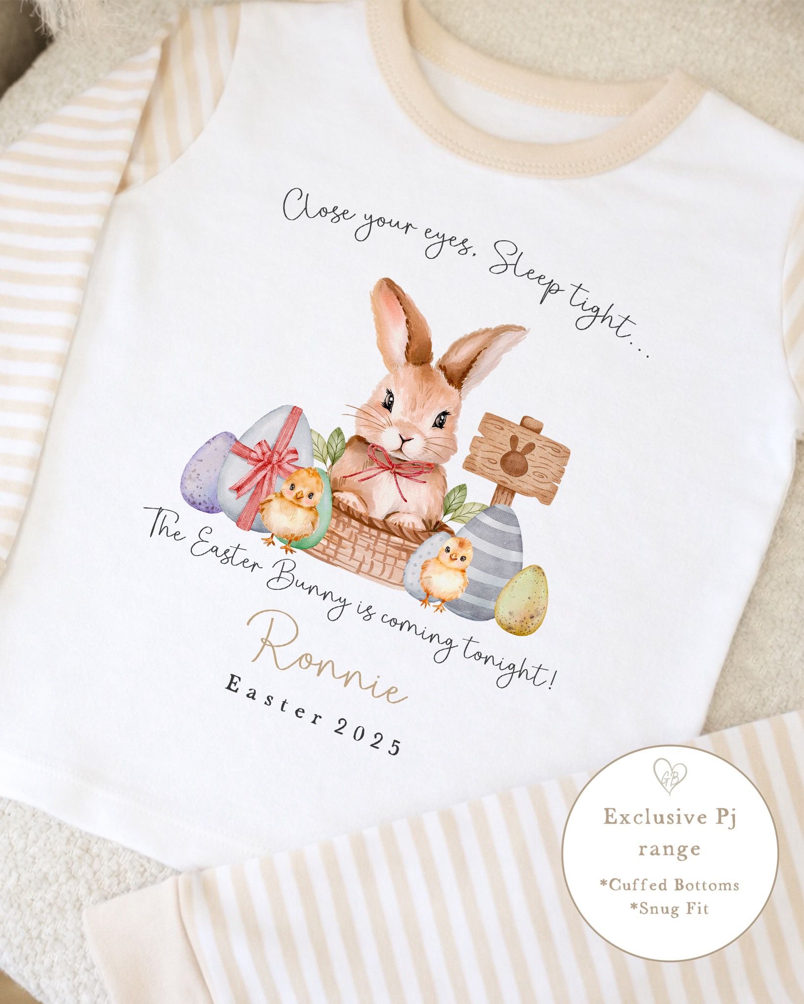 Personalised Beige Stripe Easter Pyjamas - Close Your Eyes Design