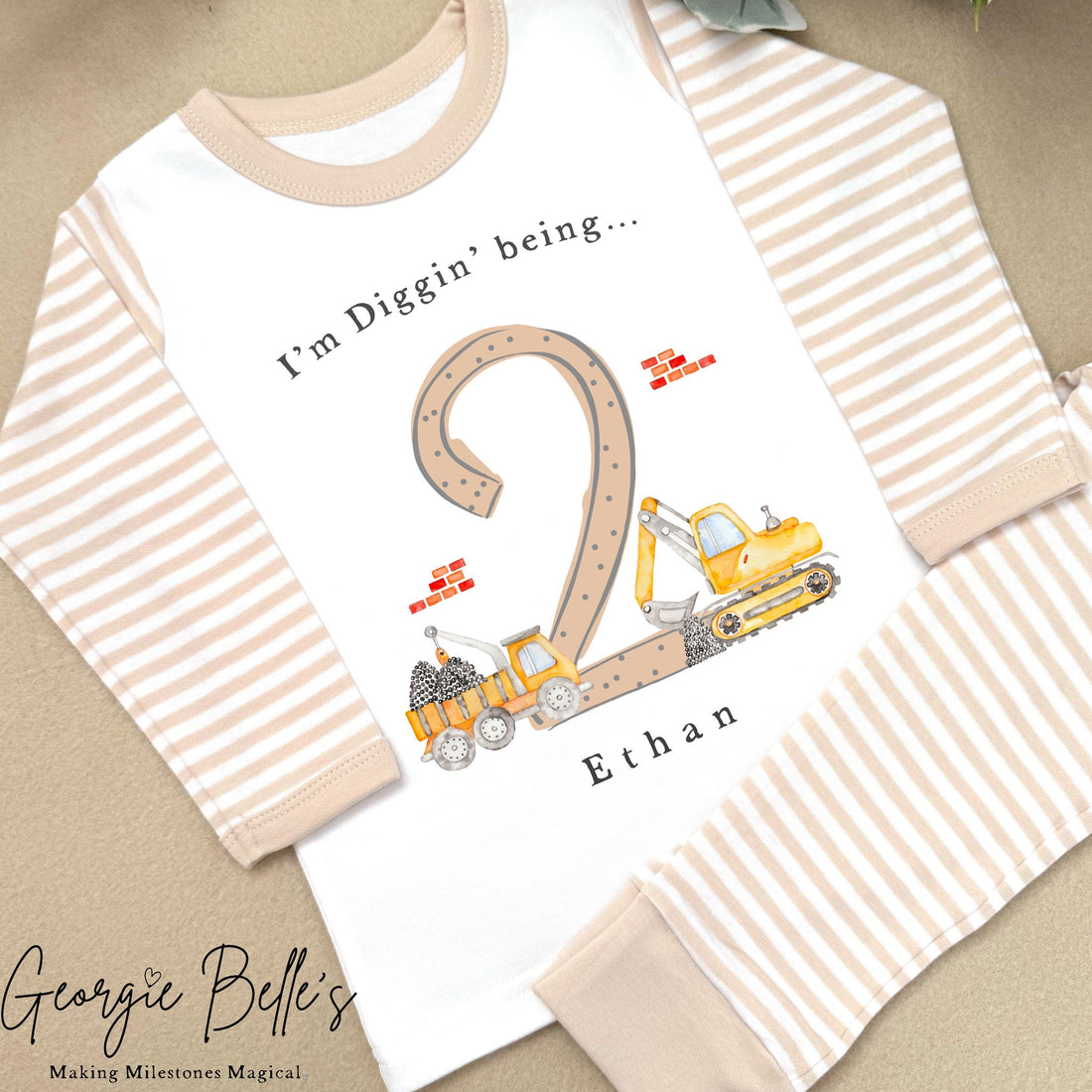 Personalised Beige Stripe Birthday Pyjamas - Beige Digger Number Design