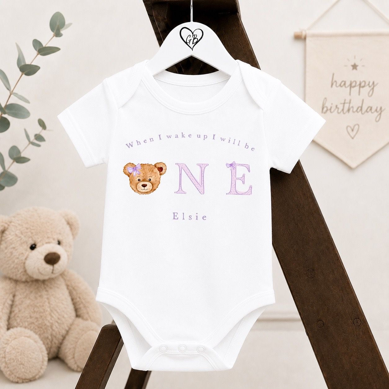 Personalised First Birthday Baby Vest | 1st Birthday Outfit - Lilac Bear Head Design