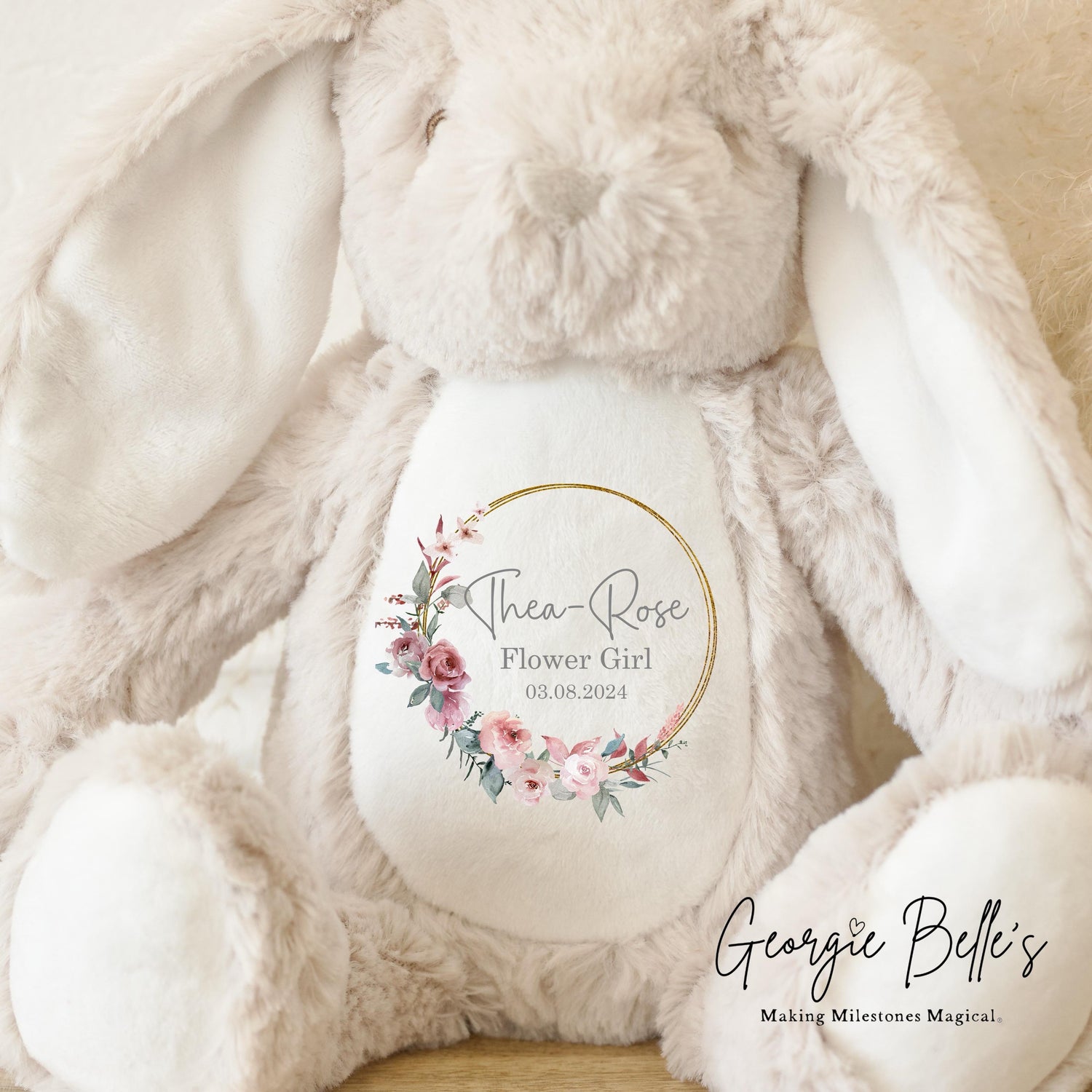 Personalised Flower Girl Bunny - Dusky Pink Wreath Design