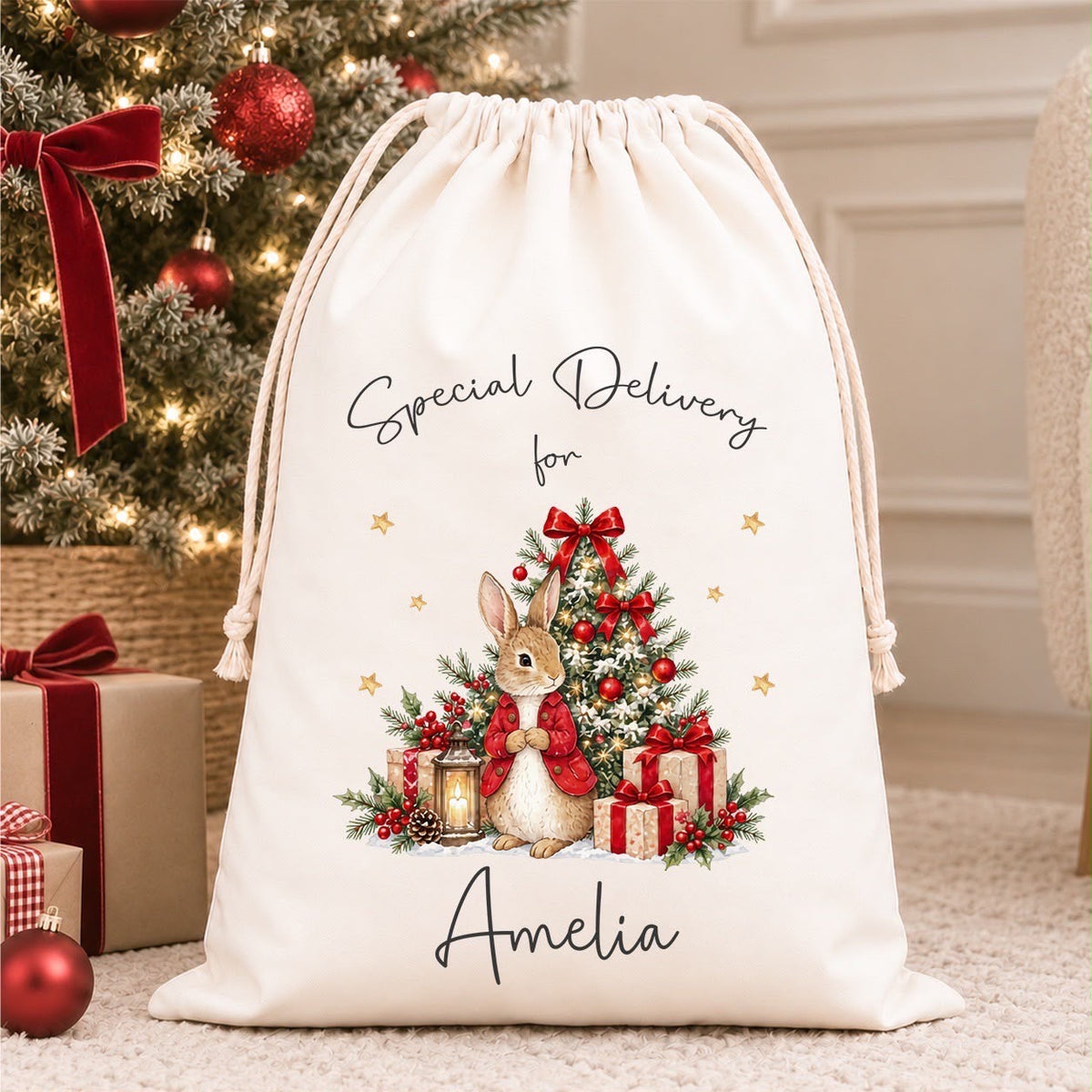 Luxury Personalised Premium Cotton Christmas Sack | Personalised Santa Sack | Red Rabbit Design