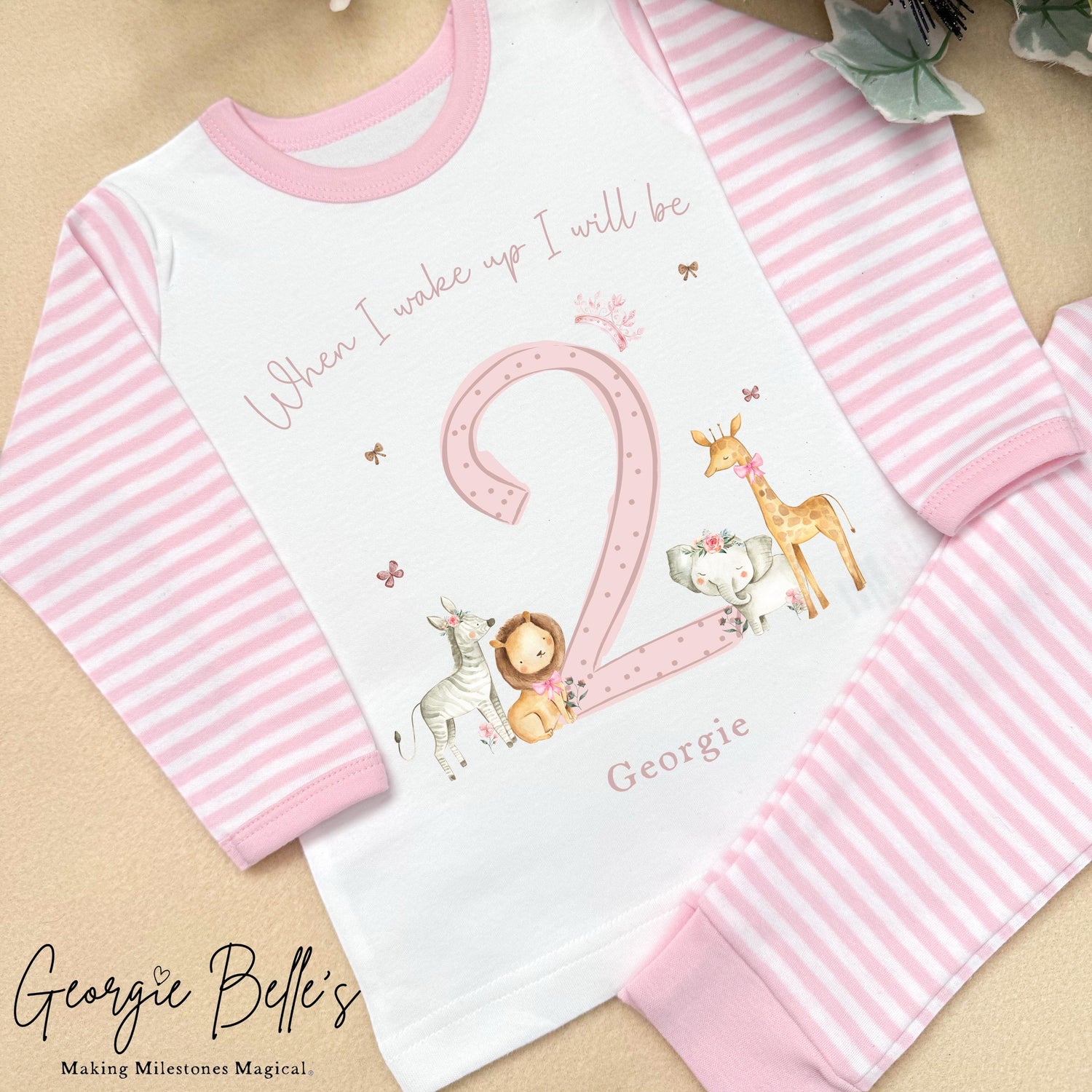 Personalised Pink Stripe Birthday Pyjamas - Pink Safari Number Design