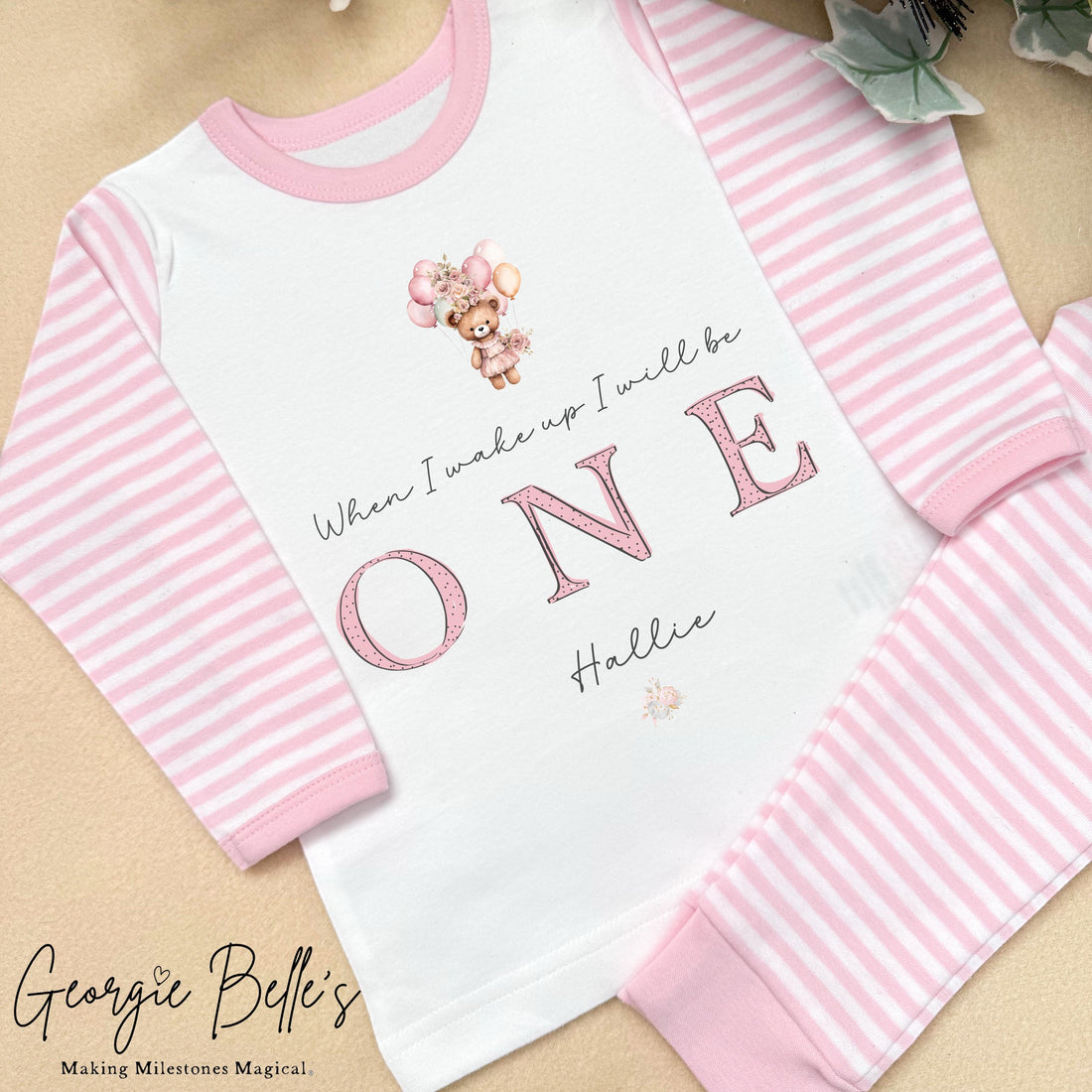Personalised Pink Stripe Birthday Pyjamas - Pink Bear Balloons Design