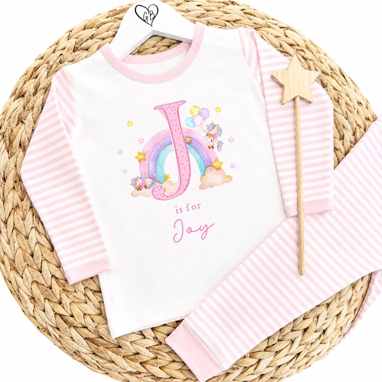 Personalised Girls Gifting Pyjamas Pink Stripe - Pastel Unicorn Initial Design