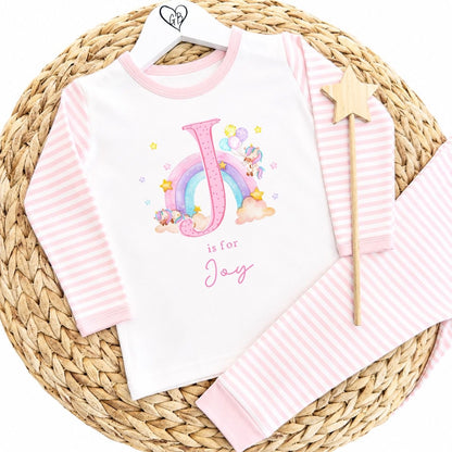 Personalised Girls Gifting Pyjamas Pink Stripe - Pastel Unicorn Initial Design
