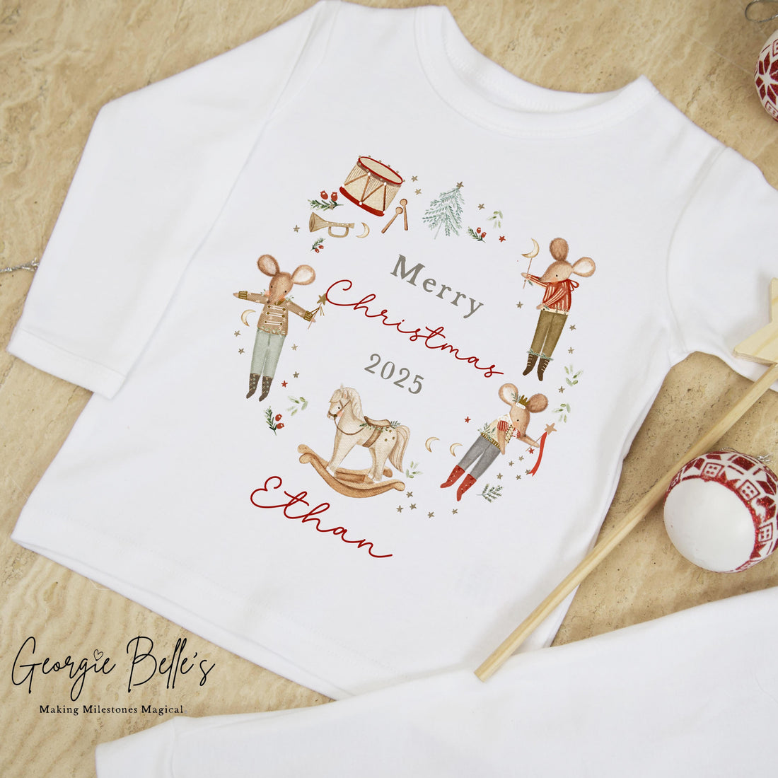 Personalised Plain White Christmas Pyjamas - Red Mice Wreath Design