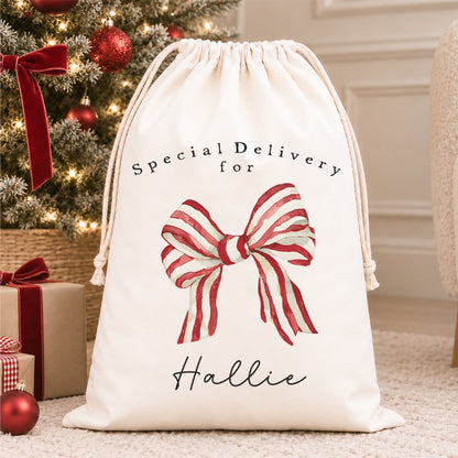 Luxury Personalised Premium Cotton Christmas Sack | Personalised Santa Sack | Christmas Bow Design
