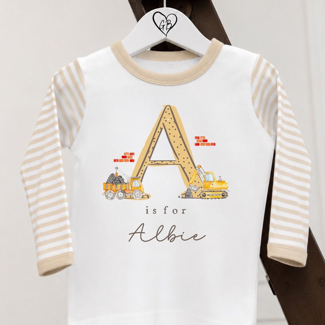 Personalised Gifting Pyjamas Beige Stripe - Digger Initial Design