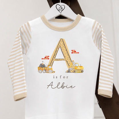 Personalised Gifting Pyjamas Beige Stripe - Digger Initial Design