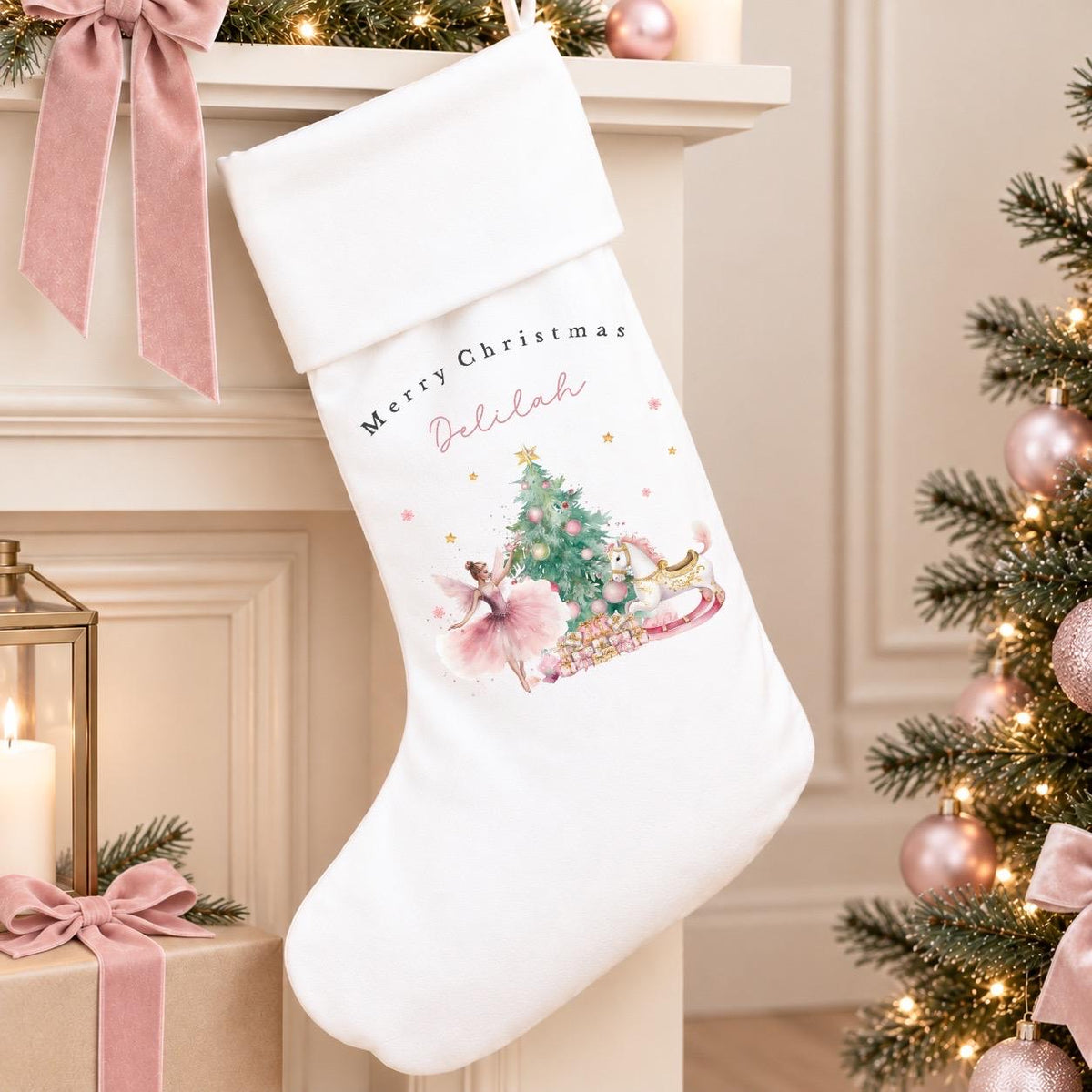 Personalised White Christmas Stocking | Pink Nutcracker Design