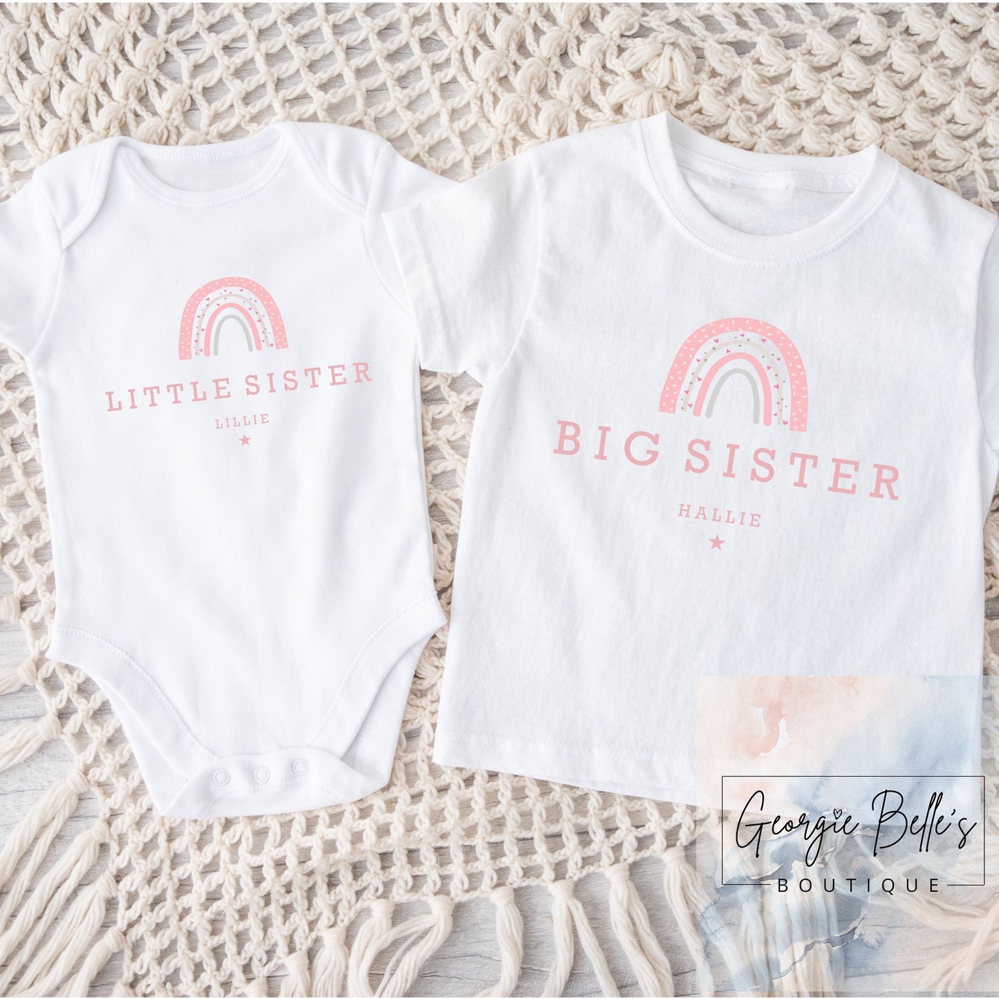 Personalised Big Sister / Little Sister Matching Set - Pink Rainbow Design