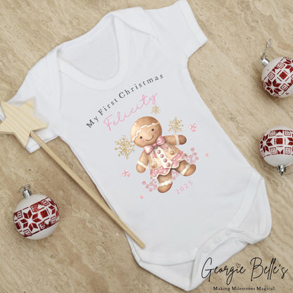 Personalised Christmas Sleepsuit / Bodysuit - First Christmas Pink Gingerbread Design