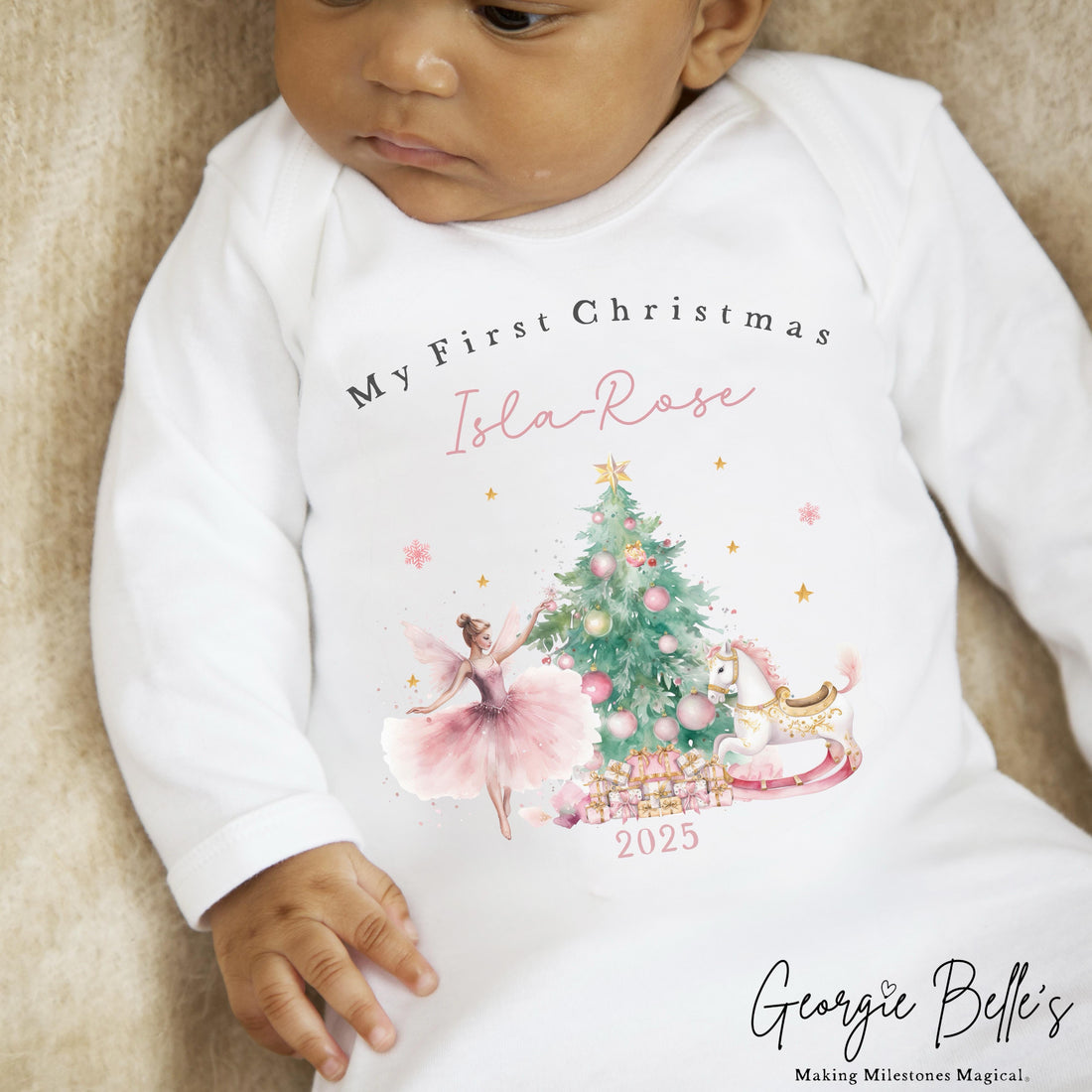 Personalised Christmas Sleepsuit / Bodysuit - First Christmas Pink Ballerina Design