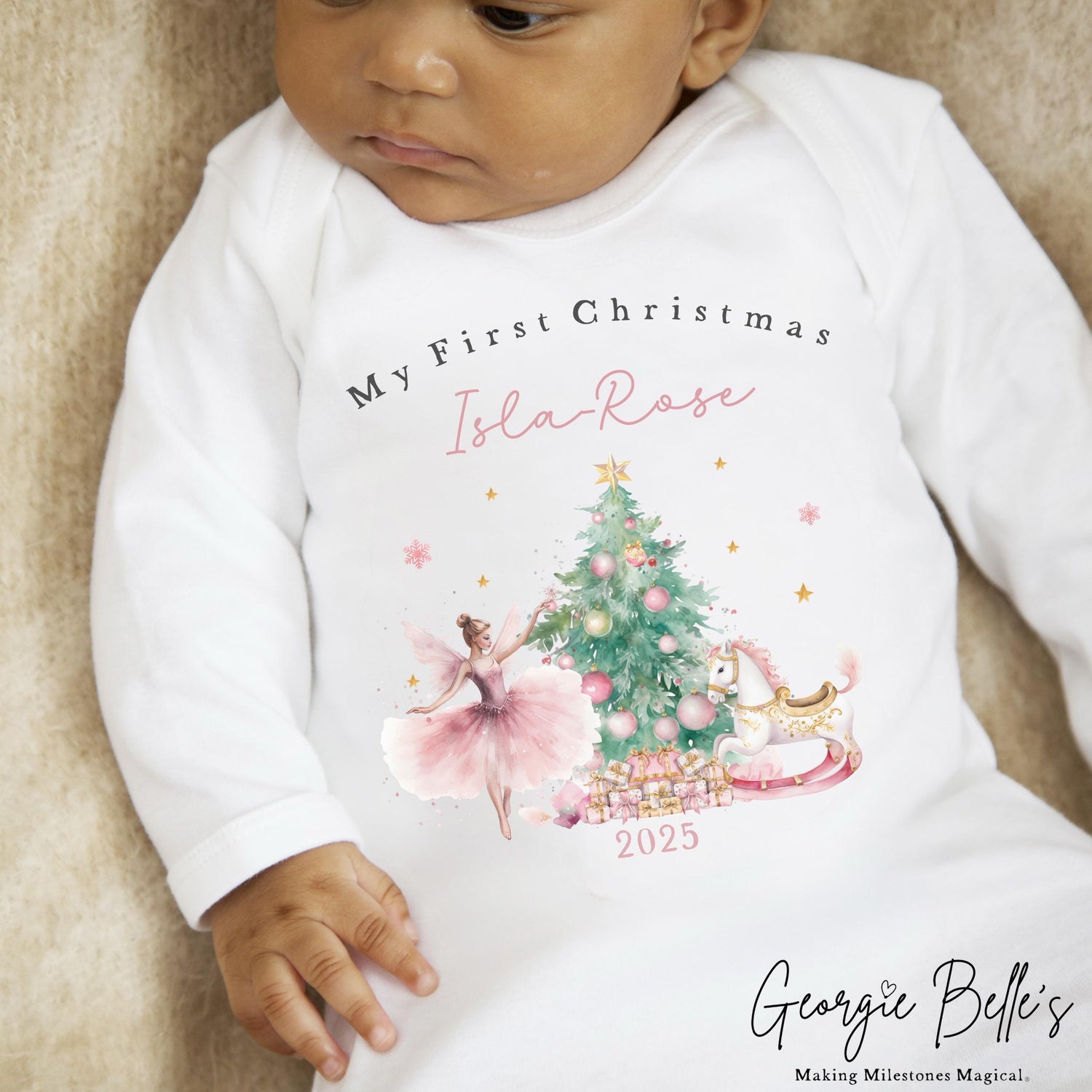 Personalised Christmas Sleepsuit / Bodysuit - First Christmas Pink Ballerina Design