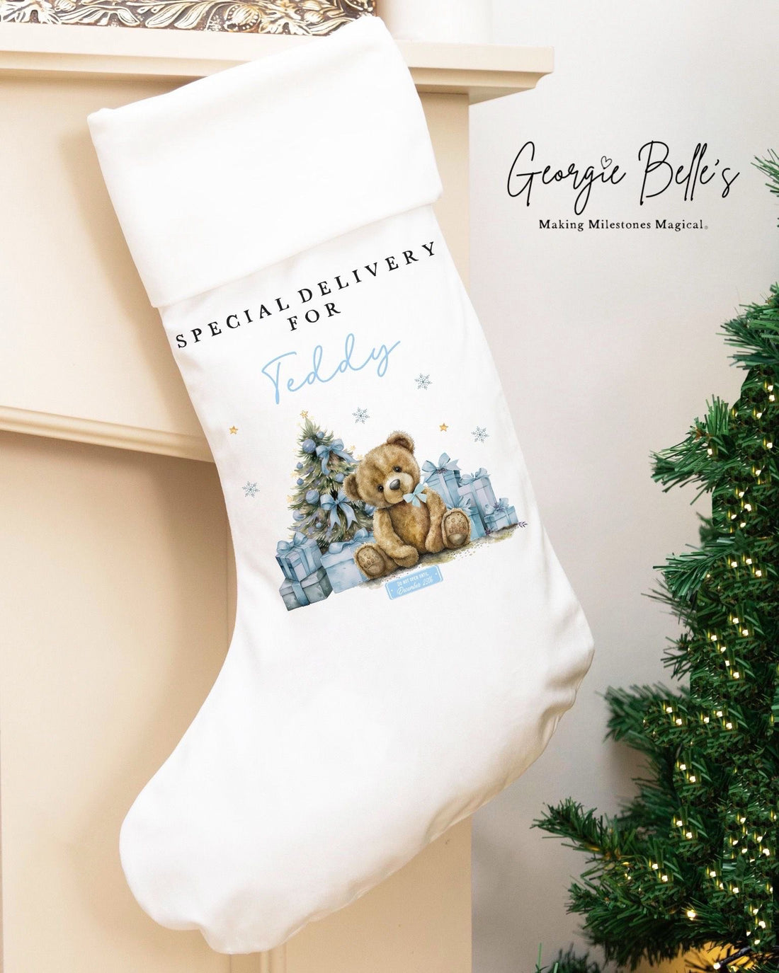 Personalised Luxury Christmas Stocking - Blue Bear Design