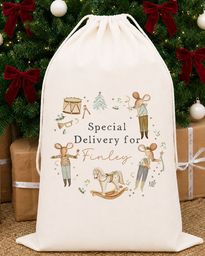 Luxury Personalised Premium Cotton Christmas Sack | Personalised Santa Sack | Nude Mice Wreath Design