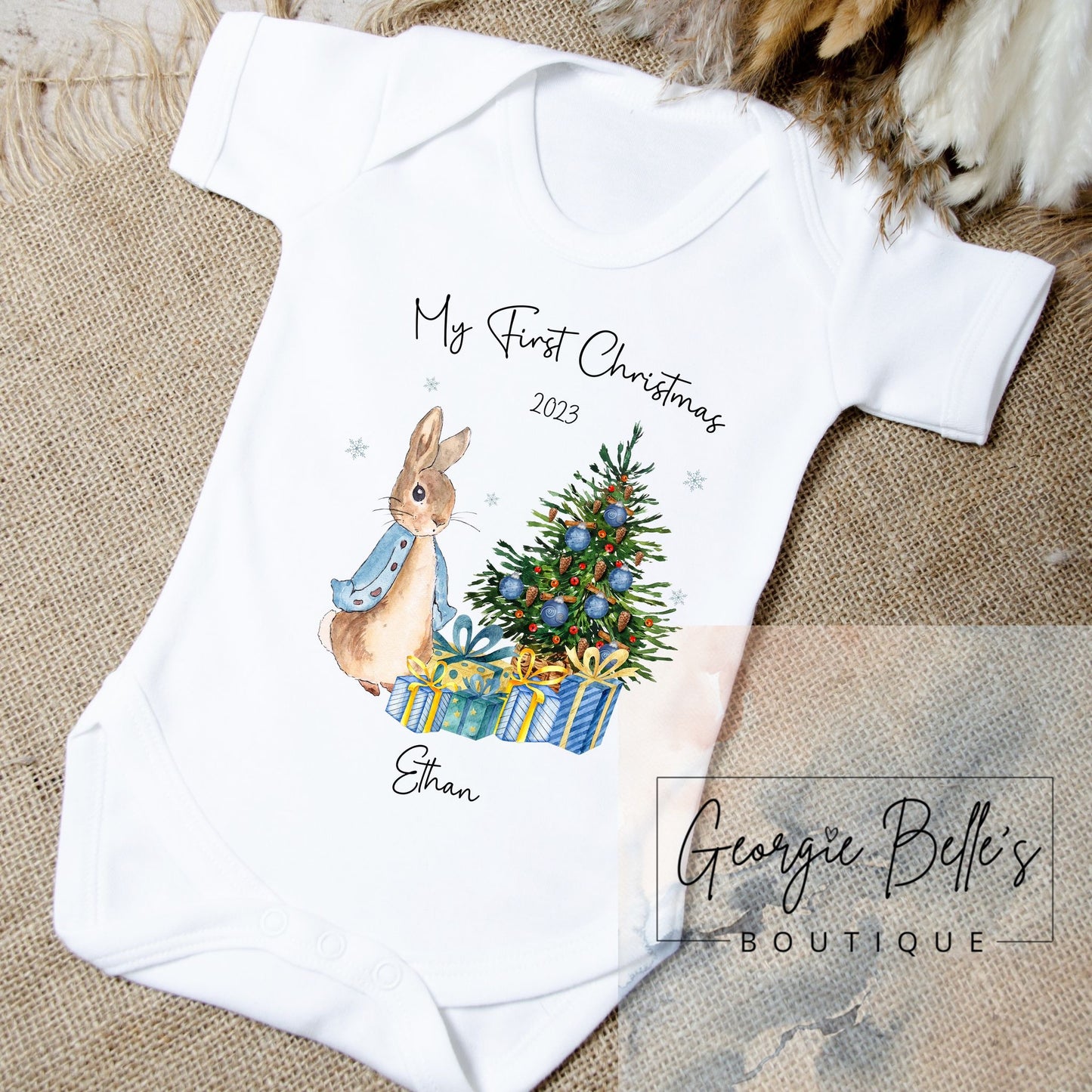 My 1st Christmas Vest / Babygrow - Blue Peter Rabbit Inspired Design