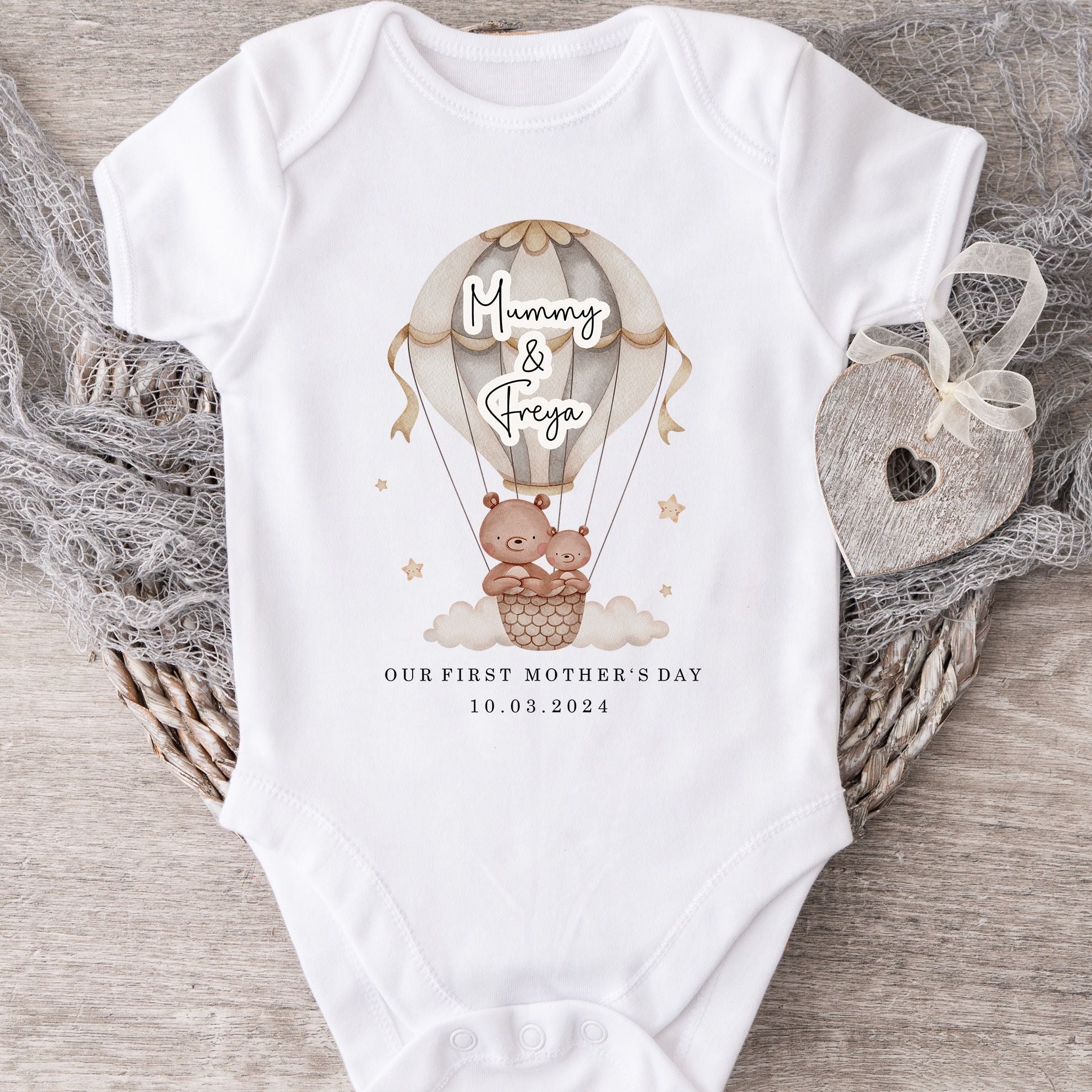 Our First Mothers Day Personalised Vest / Babygrow - Nude Air Balloon Design
