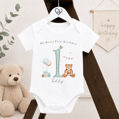 Personalised First Birthday Baby Vest | 1st Birthday Outfit - Blue Beary First Design