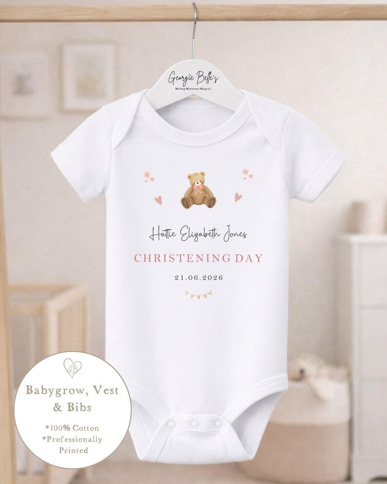 Personalised Christening Babygrow - Pink Bear Design