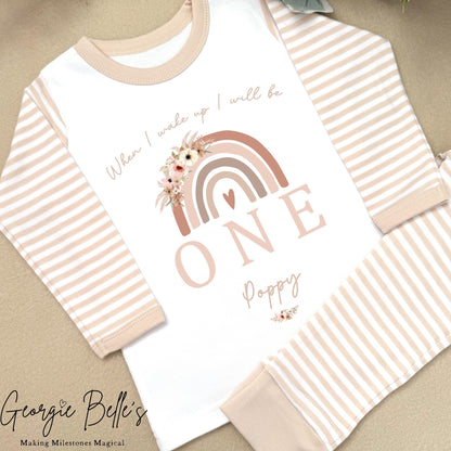Personalised Beige Stripe Birthday Pyjamas - Beige Floral Rainbow Design