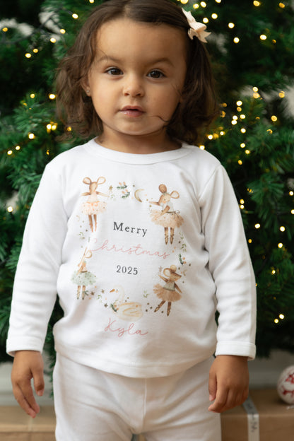 Personalised Plain White Christmas Pyjamas - Pink Mouse Wreath Design