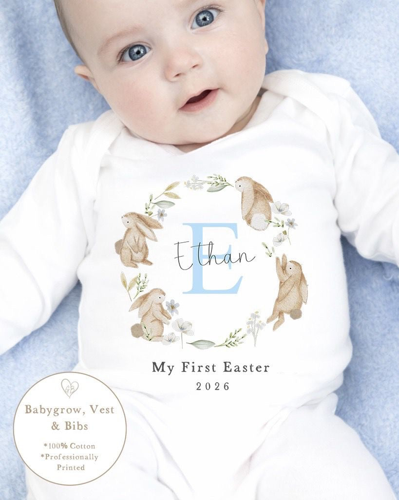 Personalised My First Easter Babygrow / Vest - Blue Wreath initial Design