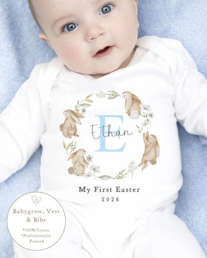 Personalised My First Easter Babygrow / Vest - Blue Wreath initial Design