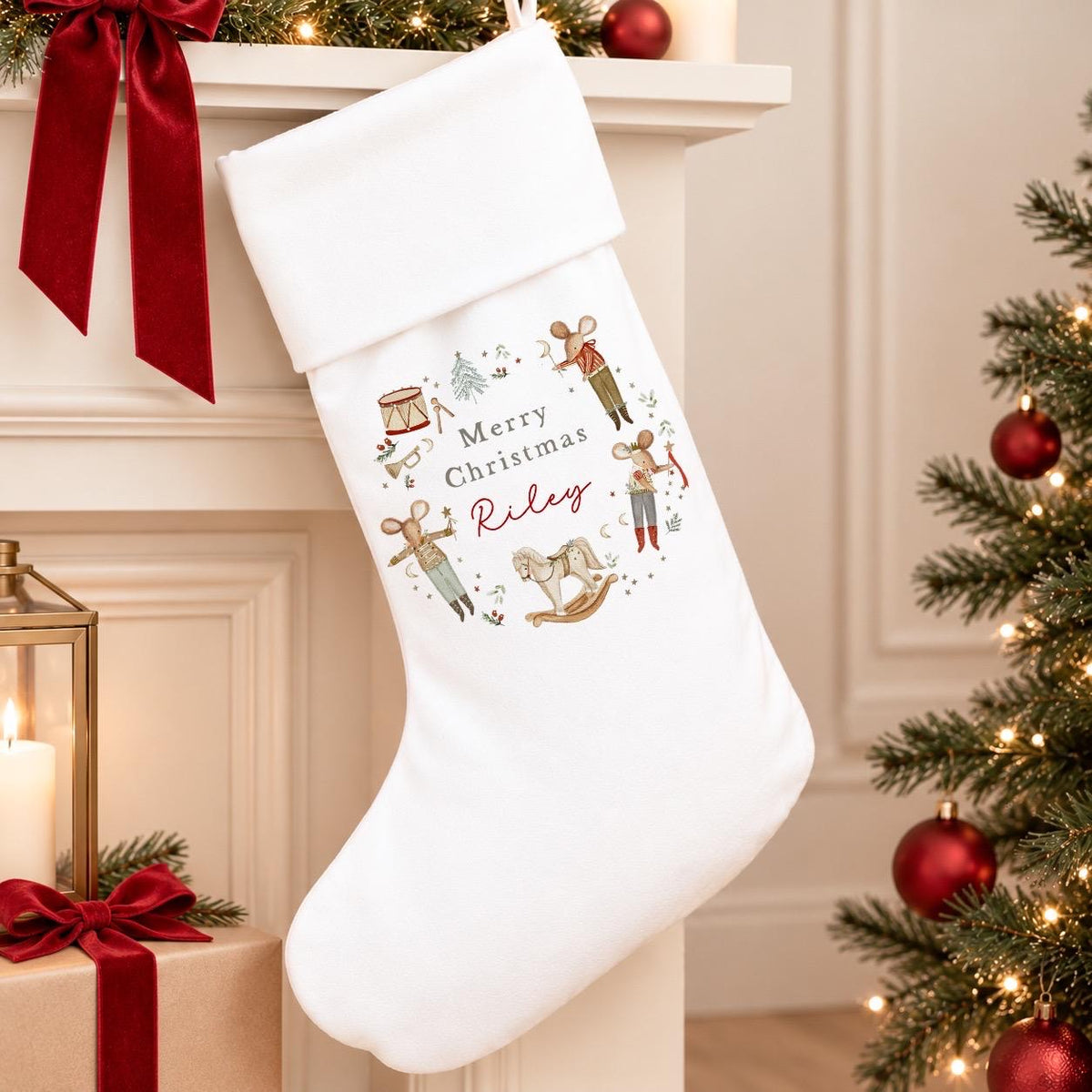 Personalised White Christmas Stocking | Red Boy Mice Design