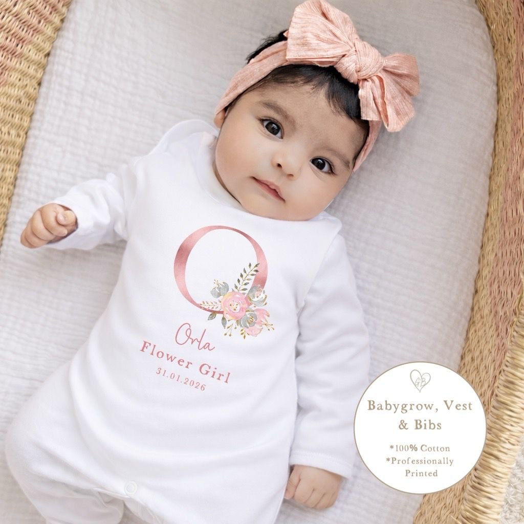 Personalised Flower Girl Babygrow / Short Sleeve Vest - Pink Initial Design