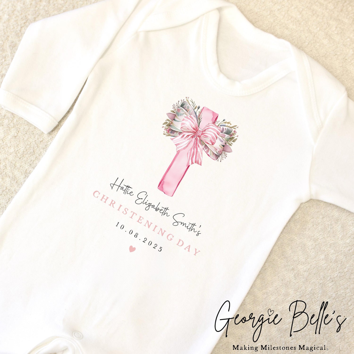 Personalised Christening Babygrow / Vest - Floral Pink Bow Cross Design