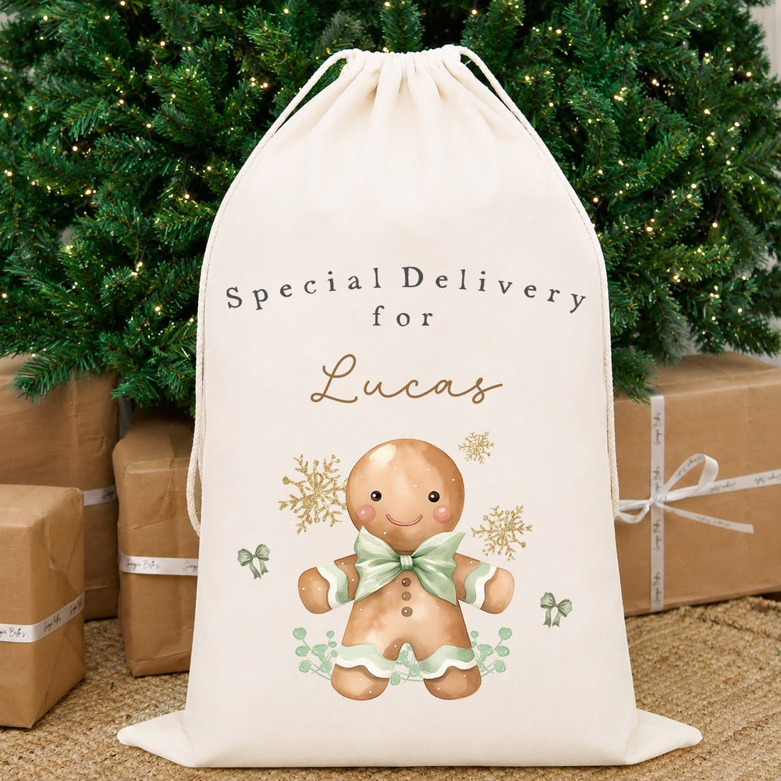 Luxury Personalised Premium Cotton Christmas Sack | Personalised Santa Sack | Sage Gingerbread Design