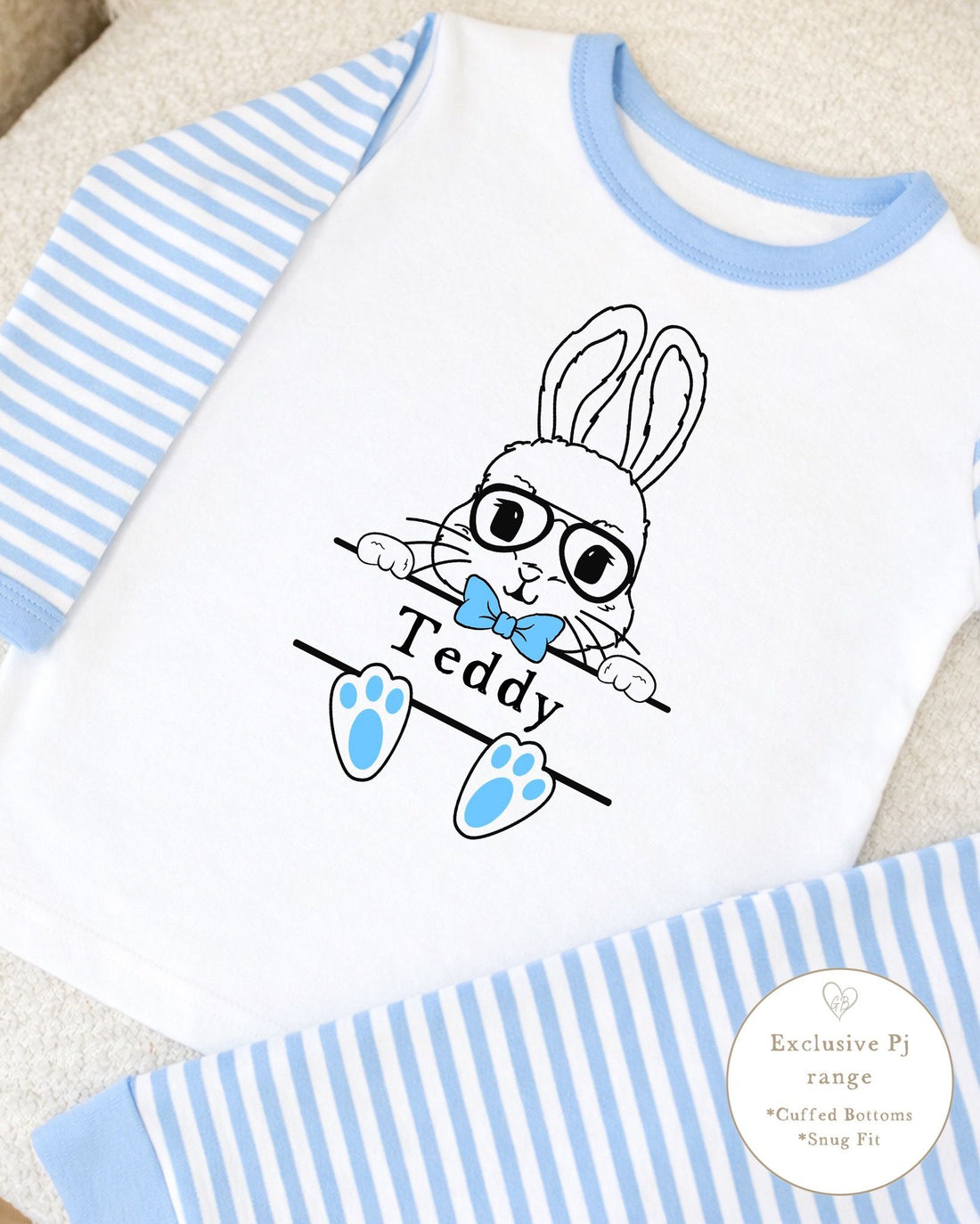 Personalised Blue Stripe Easter Pyjamas - Cartoon Bunny Design