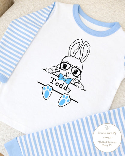 Personalised Blue Stripe Easter Pyjamas - Cartoon Bunny Design