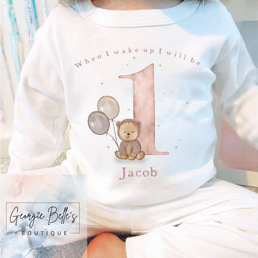 Personalised Birthday Pyjamas - When I wake up neutral Bear Design