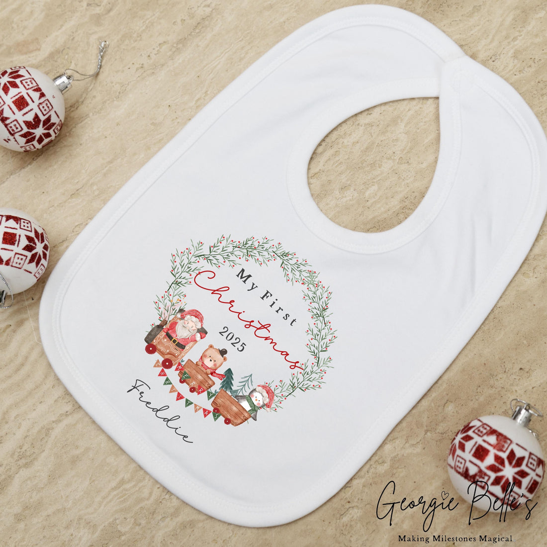 Personalised Christmas Sleepsuit / Bodysuit - First Christmas Train Wreath Design