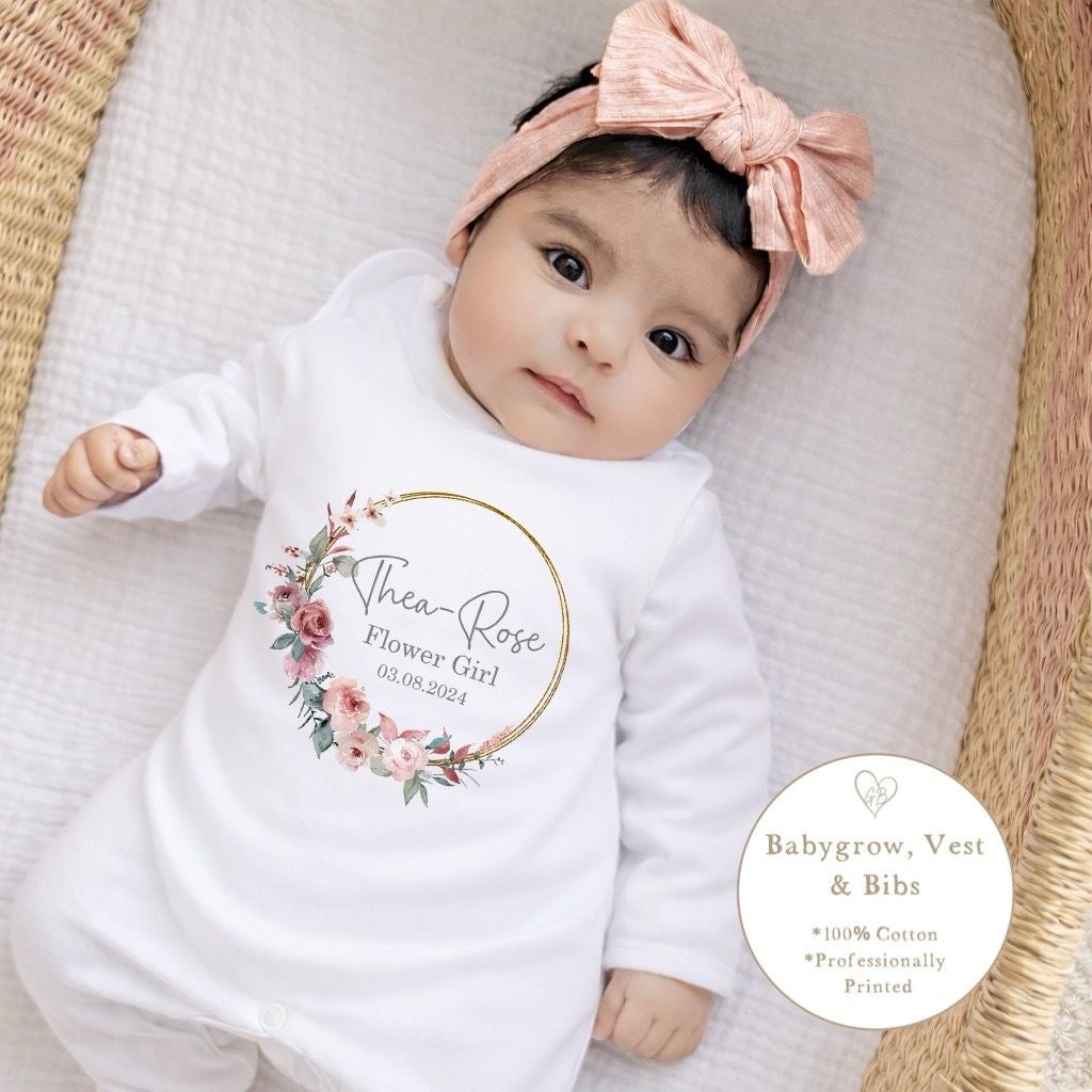 Personalised Flower Girl Babygrow / Short Sleeve Vest - Dusky Pink Wreath Design