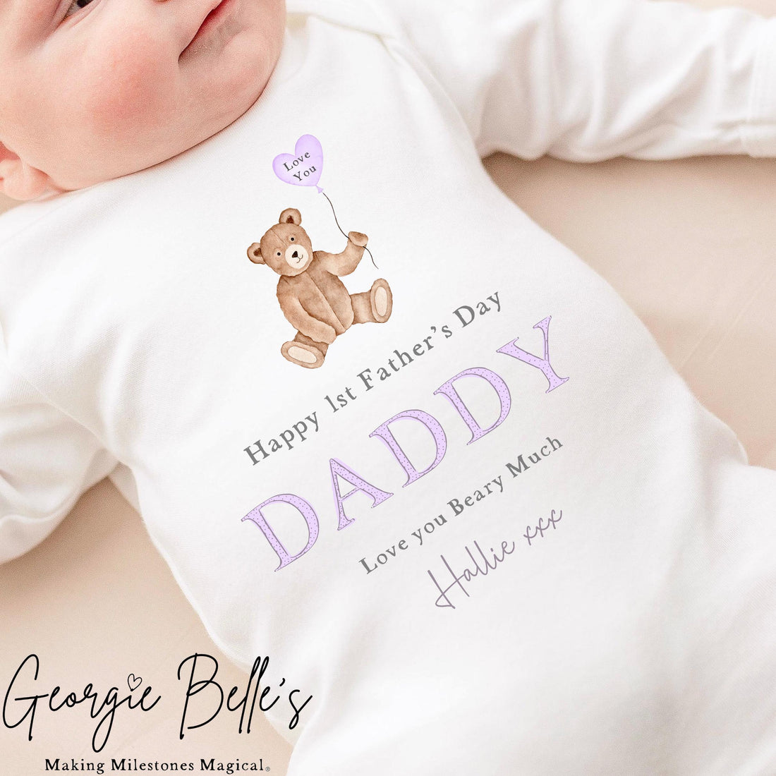 Personalised Father’s Day Baby Vest / Babygrow - Lilac Bear Design