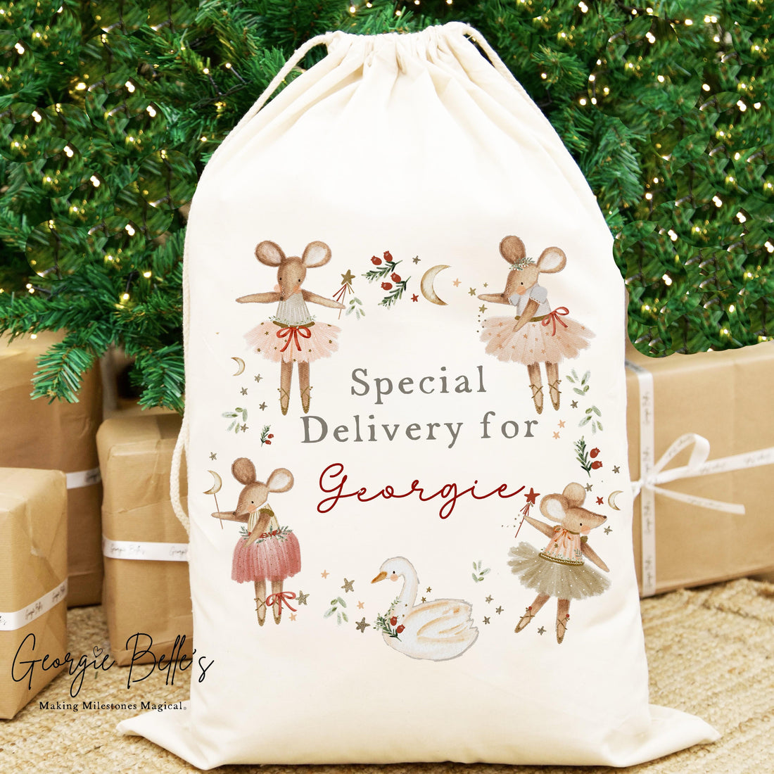 Personalised Luxury Premium Cotton Christmas Sack - Red Ballerina Mice Wreath Design
