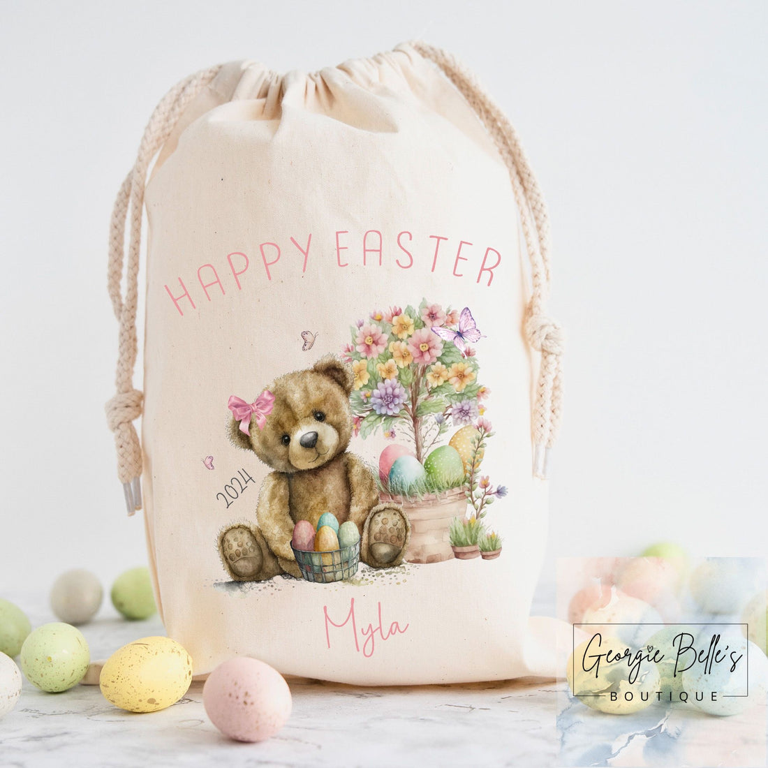 Personalised Easter Treat Sack - Pink Bear Design