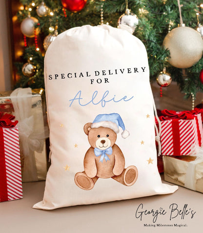 Luxury Personalised Premium Cotton Christmas Sack | Personalised Santa Sack | Blue Bear Design