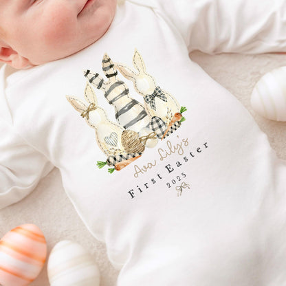 Personalised Easter Baby Vest / Babygrow - First Easter Cream and Black Bunny Trio Design