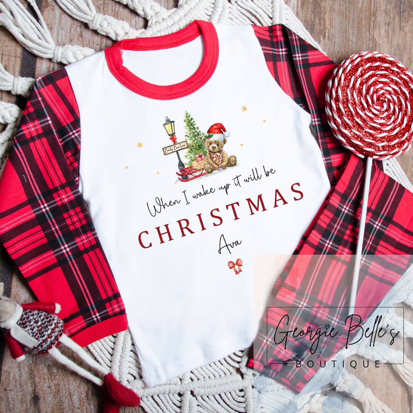 When I wake up it will be Christmas Personalised Unisex Pyjamas - Red Teddy Bear Design