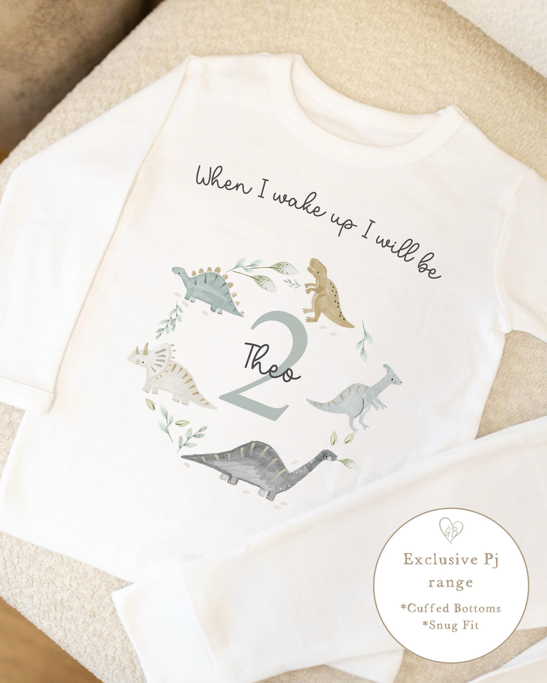 Plain White Personalised Birthday Pyjamas - Dino Wreath Design
