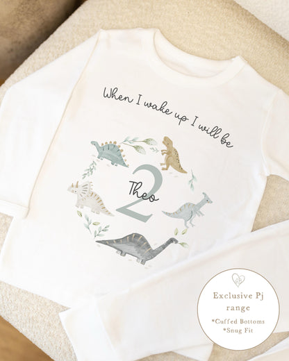 Plain White Personalised Birthday Pyjamas - Dino Wreath Design
