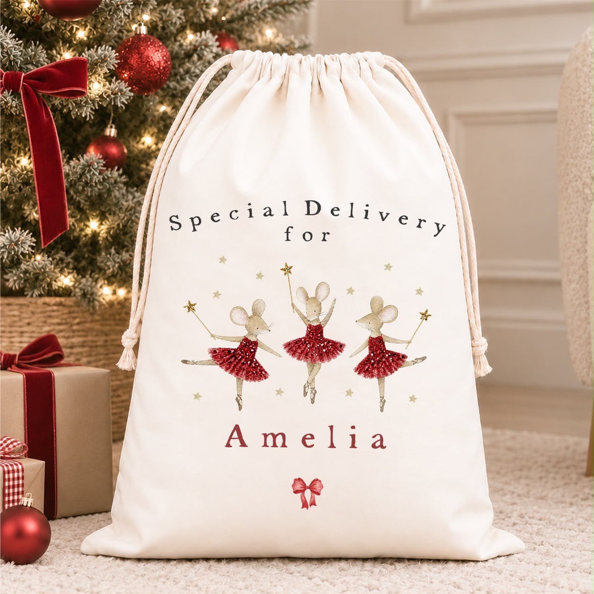 Luxury Personalised Premium Cotton Christmas Sack | Personalised Santa Sack | Red Ballerina Mouse Design